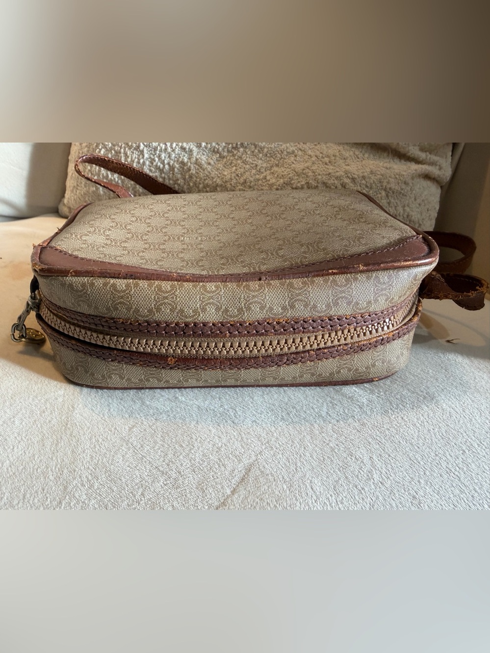 Vintage CELINE Macadam Camera Bag Crossbody Greige & Maroon Leather - Picture 9 of 15